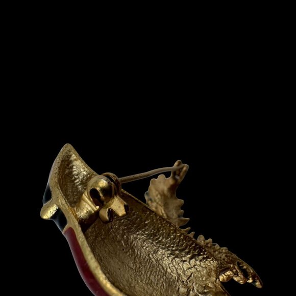 Vtg Cardinal Bird Gold-Toned Pin Brooch on Pine Branch Red & Green Enamel - Picture 3 of 9